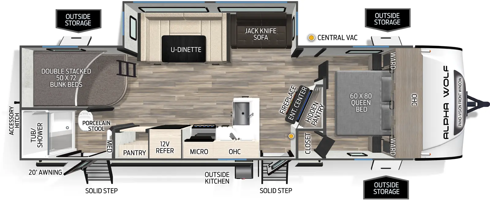 The 26DBH has one slideout and two entries. Exterior features a 20 foot awning, SolidStep entries, outside storage, outside kitchen with ice maker and refrigerator, and rear accessory hitch. Interior layout front to back: foot-facing queen bed with overhead cabinet and wardrobes on each side, and a door side closet; entertainment center with fireplace below along inner wall with hidden pantry behind; off-door side slideout with jack knife sofa and u-dinette; door side entry, kitchen counter with sink and cooktop, overhead cabinet with microwave, 12 volt refrigerator, and pantry; rear door side full bathroom with porcelain stool, medicine cabinet, and second entry door; rear off-door side double stacked bunk beds.